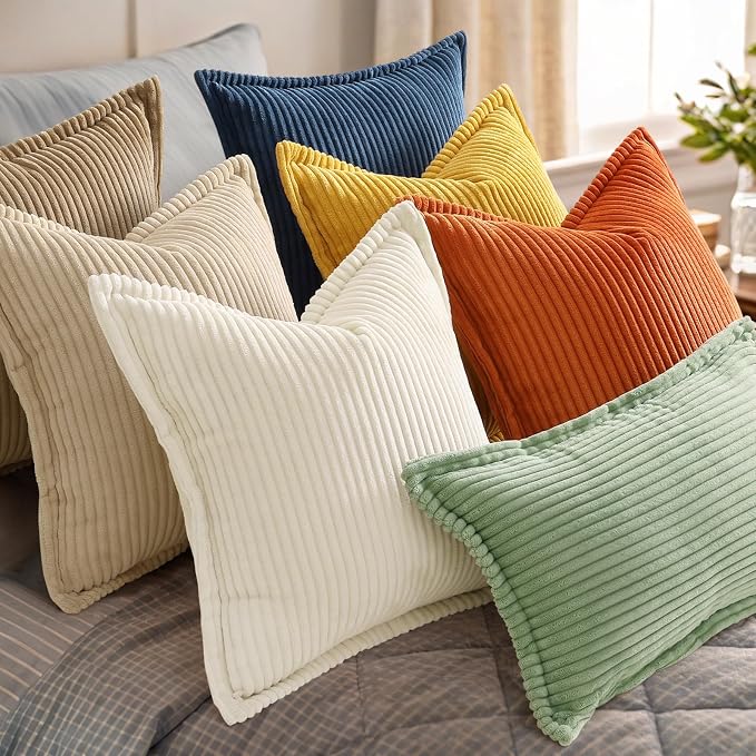 decorUhome Summer Corduroy Sage Green Euro Sham Throw Pillow Covers 24x24 Set of 2 Decorative Soft Boho Farmhouse Couch Pillow Covers for Living Room Bed Sofa Broadside Striped Pillow Cases