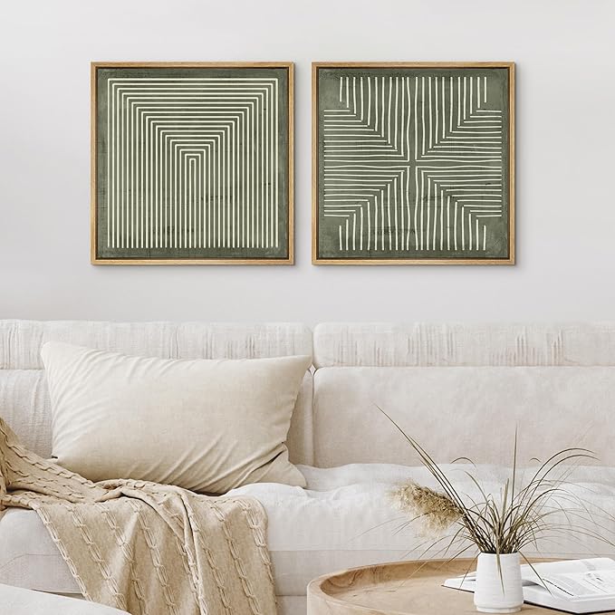 SIGNFORD Framed Canvas Print Wall Art Set Green and White Geometric Maze Illustrations Modern Art Minimal Relax/Calm for Living Room, Bedroom, Office - 24"x24"x2 Natural