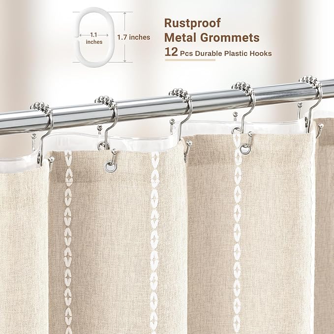 BTTN 3 in 1 Shower Curtain with Liner, 84 Extra Long Boho Linen Striped Cloth Shower Curtain Set with Hook, Tall Farmhouse Bohemian Waterproof Fabric Shower Curtain for Bathroom, Cream/Beige, 72x84
