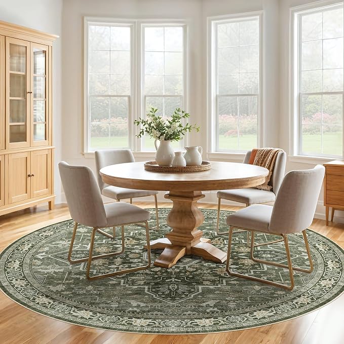 Round Rug Living Room Rugs: 8x8 Washable Boho Neutral Large Circle Soft Indoor Floral Stain Resistant Floor Farmhouse Carpet for Bedroom Nursery Kids Playroom Office Dining Room- Dark Green