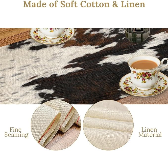 Cow Print Table Runner,Western Style Black Brown Cowhide Farmhouse Pattern Table Runner for Coffee Table Dining Room Table Bedroom Party Holiday Decor 13x72inch