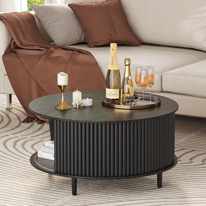 Round Coffee Table with Storage, 31.5" Modern Coffee Table with Sliding Door & Solid Wood Legs, Minimalist Fluted Center Table for Living Room, Home Small Space, Black