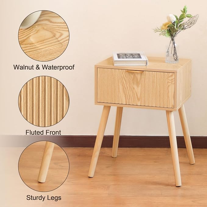 AWASEN Fluted Nightstand, Small End Tables Living Room, Wood Bedside Side Table with Storage Drawer for Bedroom and Small Space, Natural
