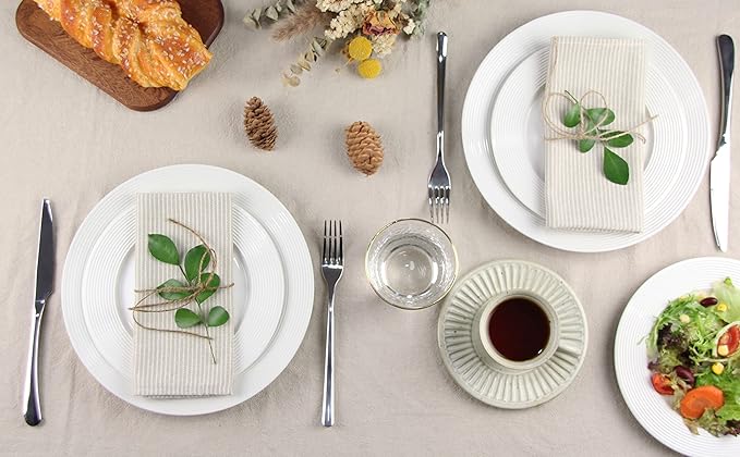 Narrow Striped Cotton Linen Blended Dinner Cloth Napkins - Set of 12 (40 x 30 cm) - for Events & Home Use (Beige)