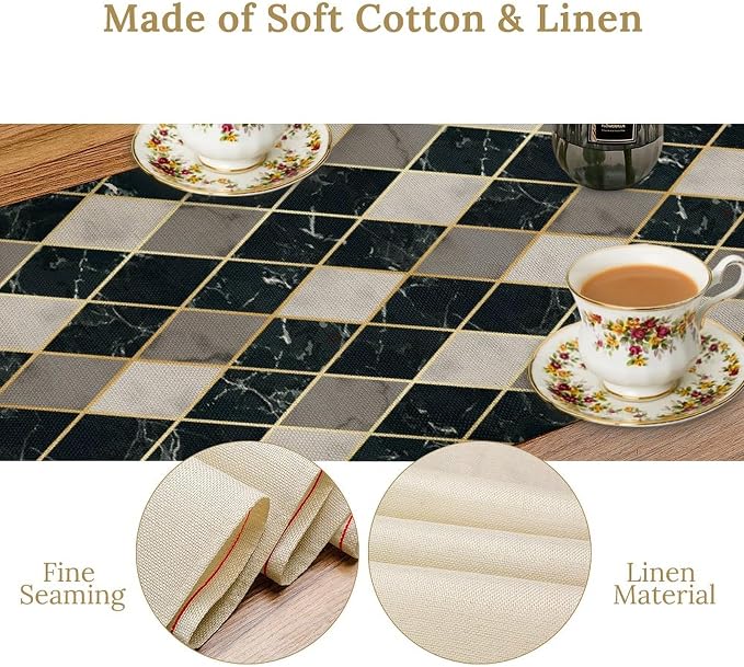 Marble Table Runner,White Grey Black Gold Geometric Diagonal Marble Pattern Table Runner for Coffee Table Dining Room Table Bedroom Party Holiday Decor 13x108inch