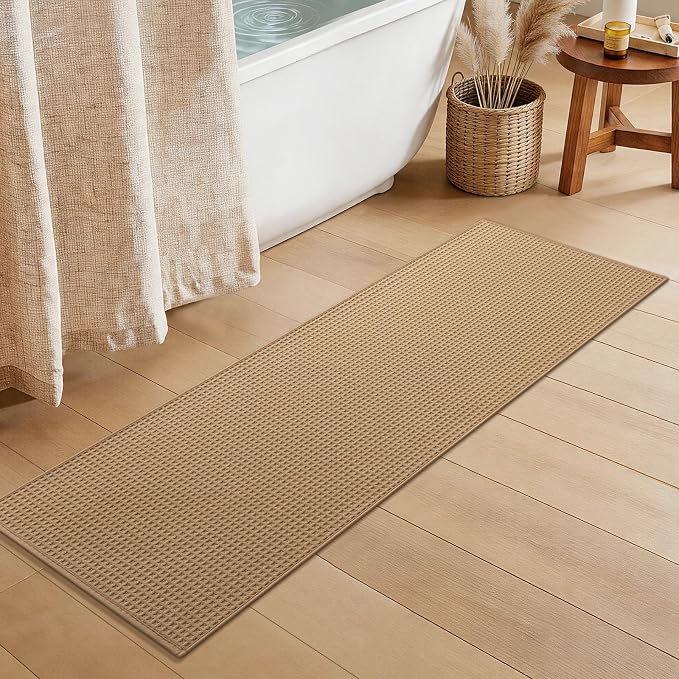 YIHOUSE Waffle Ultra Thin Bath Mat, Soft & Absorbent Bathroom Rug, Non-Slip Rubber Backed, Quick Dry Shower Mat, Boho Farmhouse Bathroom Decor, Machine Washable, Khaki, 17 * 47