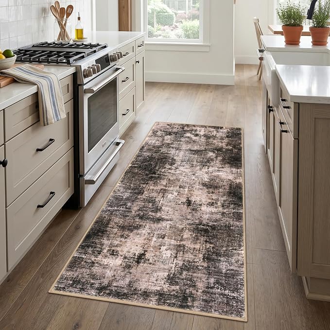 IOHOUZE Abstract Runner Rug 3x6 Ft Washable Runners for Hallways, Non Slip Kitchen Runner Printed Faux Wool Entryway Runner Indoor, Modern Abstract Floor Carpet for Hall Kitchen Bedroom, Brown/Rust