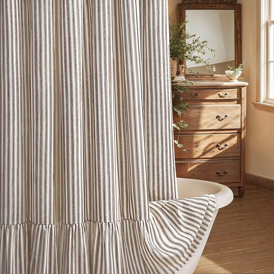 Farmhouse Shower Curtain with Ruffle Hem Linen Shower Curtains for Bathroom Country Vintage Rustic Natural Fabric, Cream-Brown Stripe 48" W x 72" L