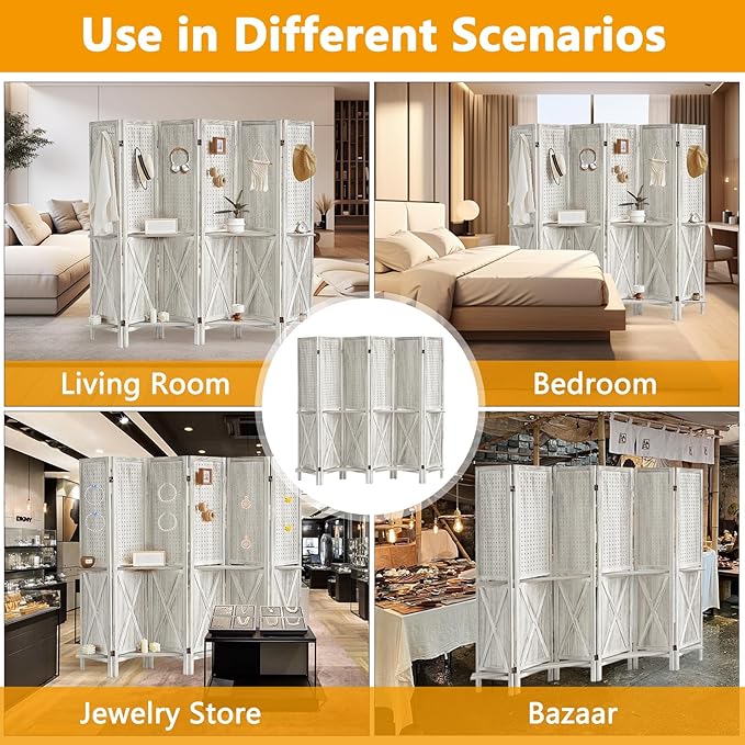 6 Panel Pegboard Display with 24 Hooks, Wooden Pegboard Room Divider Wall with Shelf, Partition Room Dividers and Folding Privacy Screens, Bedroom, Jewelry Store, White