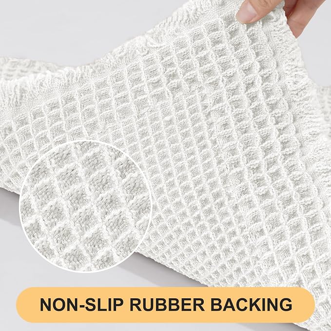 Upgrade Waffle Bath Mat Set 2 Piece, Boho Bathroom Rugs Absorbent Non Slip, Ultra Soft Bathroom Mat, Machine Washable Knit Bath Rugs with Border for Bathroom, Bedroom, Kitchen, Shower, Tub, White