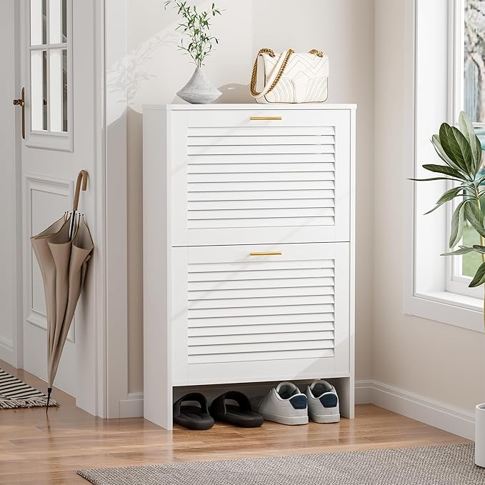 Shoe Cabinet Storage, Hidden Shoe Organizer, Modern Freestanding Organizer with 2 Flip Drawers Louvered Shoe Cabinet for Entryway (White, 2 Drawers)