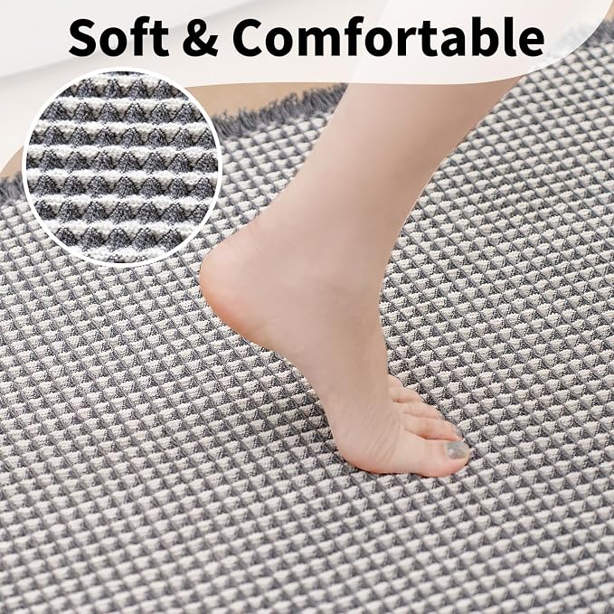 Waffle Bath Mat - Boho Bathroom Rugs Non Slip Washable, Super Absorbent & Quick Dry, Soft Bath Mat Farmhouse Bathroom Decor, 24'' x 48'', Dark Grey and White