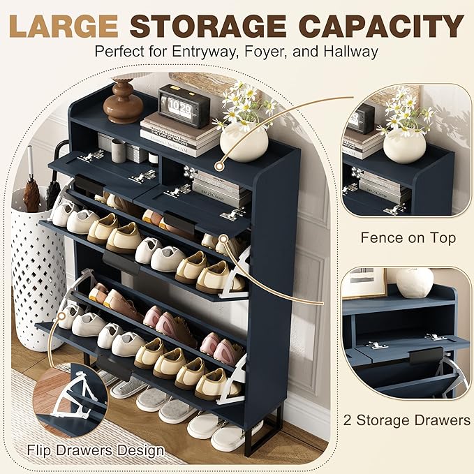 Fluted Shoe Cabinet Storage for Entryway – Narrow Shoe Rack with 2 Flip Drawers & 2 Storage Drawers, Freestanding Hidden Shoe Organizer for Foyer, Hallway (Blue)