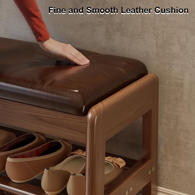 AQIMUELE Shoe Rack Bench,2 Tiers Shoe Bench with Storage with Flip-Top,Wood Shoe Rack for Entryway,Hallway（Dark Walnut Upholstered Seat,11.8" D x 31.5" W x 15.7" H）