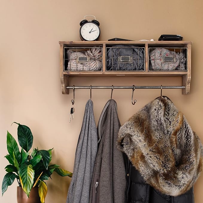 HBCY Creations Wall Mounted Shelf with Coat Hooks and Baskets, Solid Wood Entryway Organizer Wall Shelf with Hooks - Hang Coats, Keys or Coffee Mugs, Rustic Brown 24" Wide