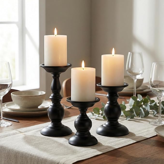 BANOMII Black Pillar Candle Holders Set of 3, Vintage Candle Holder for Table Centerpiece & Fireplace Decor, Decorative Antique Candle Stand for Dining & Living Room Decoration
