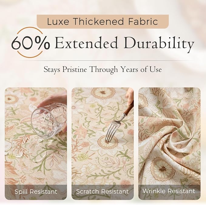 French Thick Linen Tablecloth for Rectangle Tables, Pink Floral Waterproof Wipeable Decorative Table Cover for Dining Kitchen Indoor Outdoor, 63" x 91", 6-8 Seats