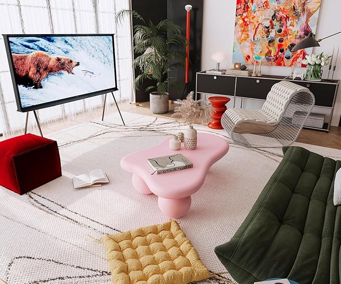 47" Cloud Coffee Table for Living Room Irregular Coffee Table Modern Unique Coffee Tables Cute Center Table with 3 Ball Legs for Small Space Apartment Cream Pink