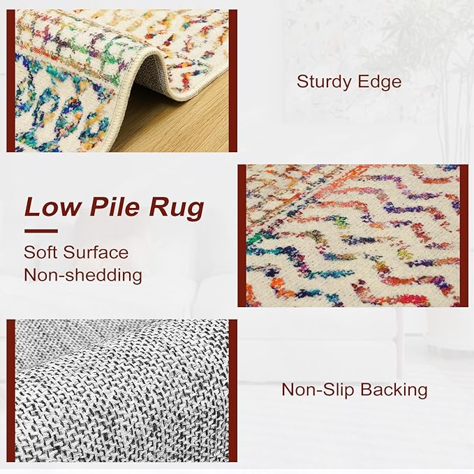 Moroccan Small Rug for Bedroom, 2x3 Colorful Rug Non-Slip Washable Indoor Door Mat, Soft Low-Pile Distressed Kitchen Mat Floor Carpets for Bedside Kitchen Entryway Bathroom