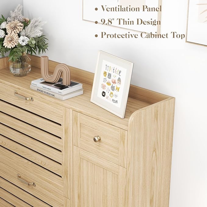 Narrow Shoe Cabinet Storage for Entryway, Hidden Shoe Rack Cabinet with Doors, 3 Flip Drawers & Adjustable Shelves, Thin Freestanding Boot Storage Closet Organizer, Ventilated Wood Design, Natural Oak