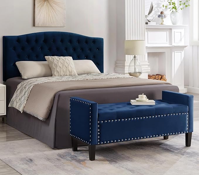 48" Folding Storage Ottoman Bench, Velvet Upholstered Tufted Button End of Bed Bench with Nailhead Trim, Padded Seat and Armrest, Foot Rest Stool for Entryway, Living Room, Bedroom (Navy Blue)
