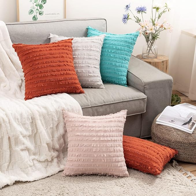 MIULEE Set of 2 Fall Decorative Boho Throw Pillow Covers Linen Striped Jacquard Pattern Cushion Covers for Sofa Couch Living Room Bedroom 16x16 Inch Burnt Orange