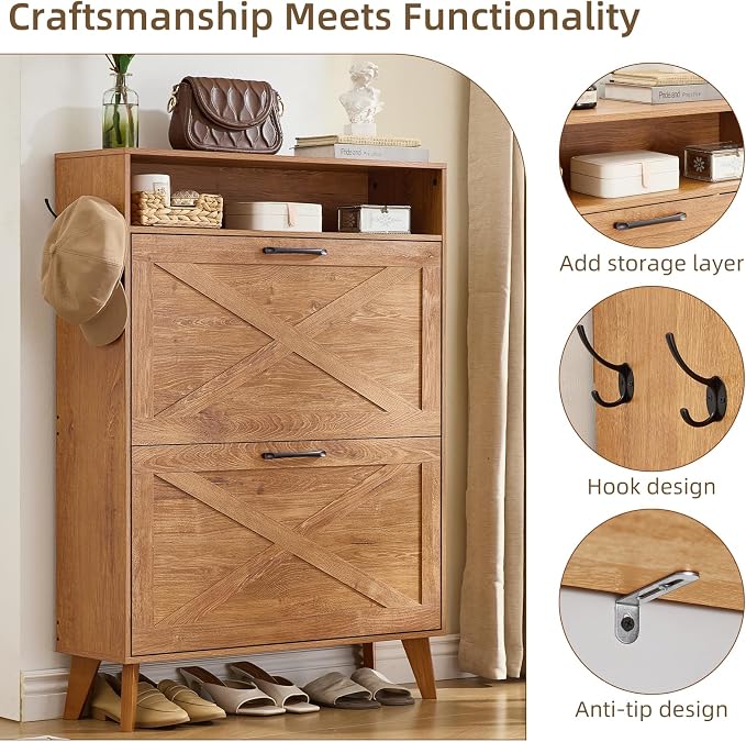 Joaxswe Shoe Cabinet Storage for Entryway with 2 Flip Drawers 2 Hook Open Storage Layer Rack Narrow Organizer Slim Hidden Wood Shoe Cabinet Furniture Tea Brown