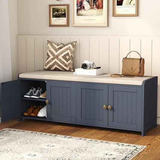 HOMEFORT 48.4" Shoe Storage Bench with Cushion, Entryway Bench with Paddded Seat, 2-Tier Shoe Cabinet Bench with Adjustable Shelves and 4 Doors, Wooden End of Bed Bench, for Bedroom, Hallway, Blue
