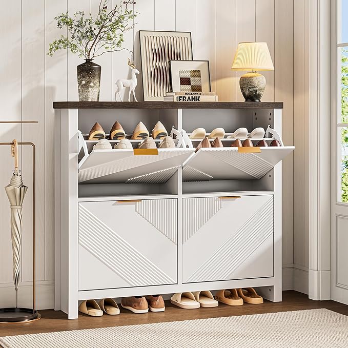 ONBRILL Shoe Cabinet with 4 Flip Drawers, 16-24 Pairs Shoe Organizer with Symmetric Groove Pattern, Freestanding Slim Hidden Shoe Storage Cabinet for Entryway, Hallway (White)