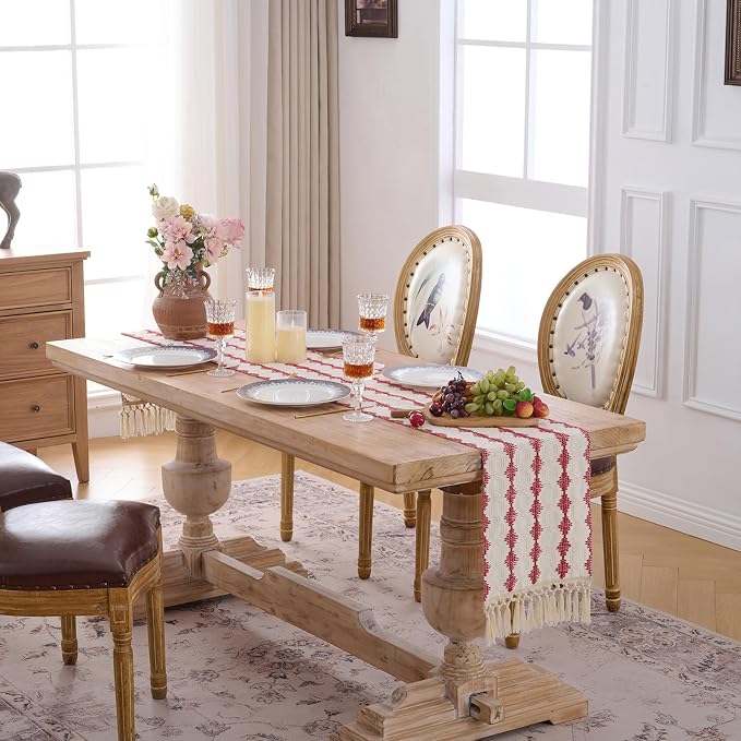 Fancy Homi Red Boho Cotton Polyester Table Runner 72 Inches Long, Farmhouse Macrame Table Runners with Tassels for Home Party Bohemian Rustic Bridal Shower Kitchen Dining Decor 12x72 Inches