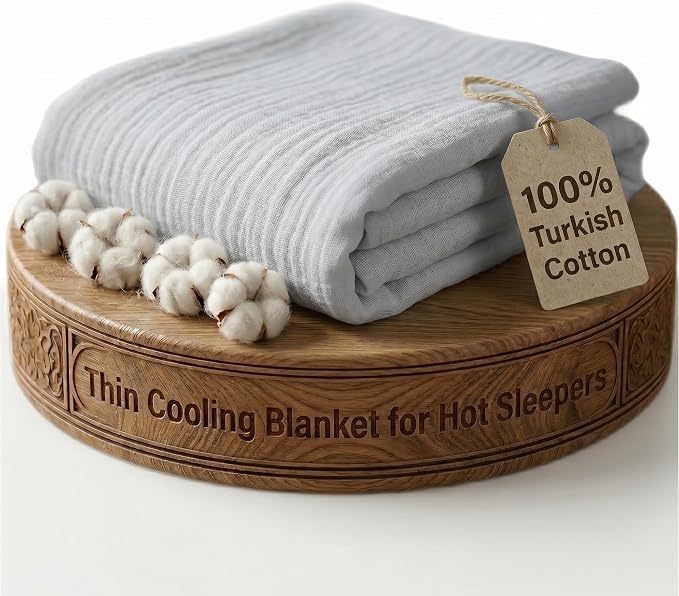Goqan Throw Blanket 55x60 – 100% Turkish Cotton 4 Layer Boho Muslin Blanket for Adults, Four Season Blanket Lightweight and Thin, Soft, Breathable for Bed, Couch, Picnic - Light Grey