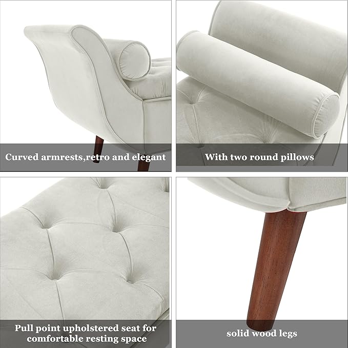 65" Velvet Storage Bench, 65" Vintage Upholstered Rolled Armed Button Tufted Stool Bench for Bedroom, Living Room, Entryway, Hallway, Dressing Room (Beige)