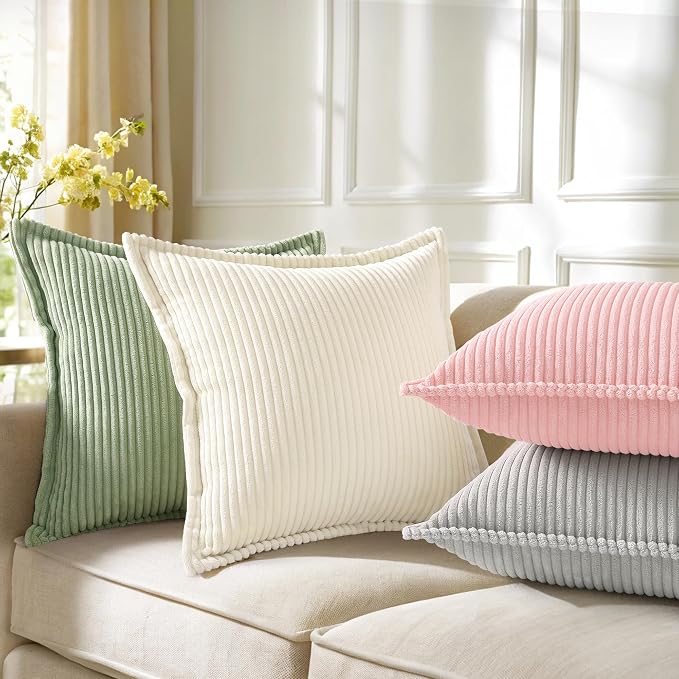 decorUhome Summer Corduroy Pink Euro Sham Throw Pillow Covers 22x22 Set of 2 Decorative Soft Boho Farmhouse Couch Pillow Covers for Living Room Bed Sofa Broadside Striped Pillow Cases