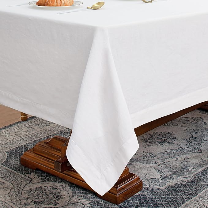 Linen World Linen Tablecloth,100% French Linen White Tablecloth 120" x 60" Inch,Washable Rectangular Tablecloth for Dining,Outdoor,Weddings and Restaurants,Decorative Thanksgiving Christmas