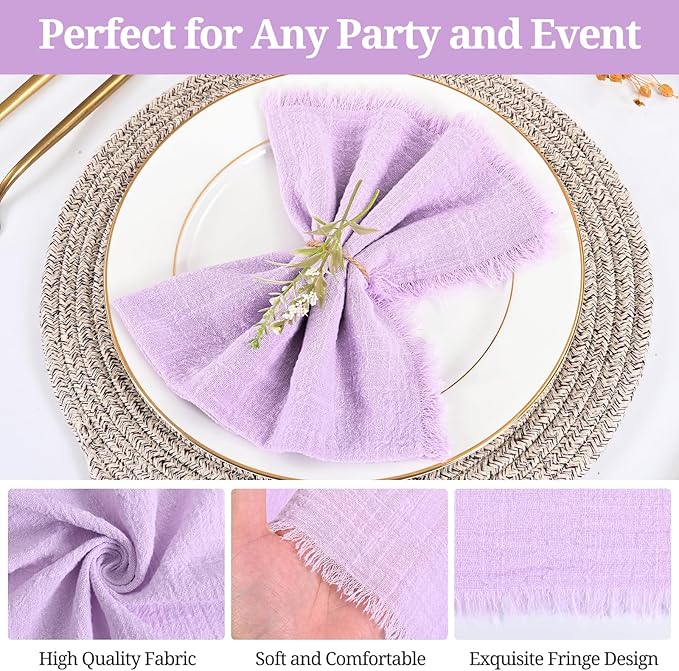 36 Pack Lavender Cloth Napkins with Fringe,16 x 16 Inch Cotton Linen Napkin, Washable and Reusable Handmade Napkins, Soft Rustic Boho Fringe Cloth Napkin for Dinner, Party, Wedding