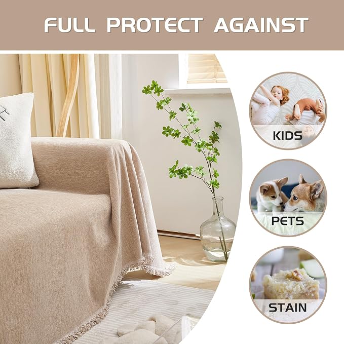 MEETSKY Sofa Covers for Sectional Sofa Set Couch Cover for Dogs Throw Couch Cover with Tassel Loveseat Covers Futon Cover L Shaped Cover Washable Chenille Couch Protector, 91" x 150", Khaki
