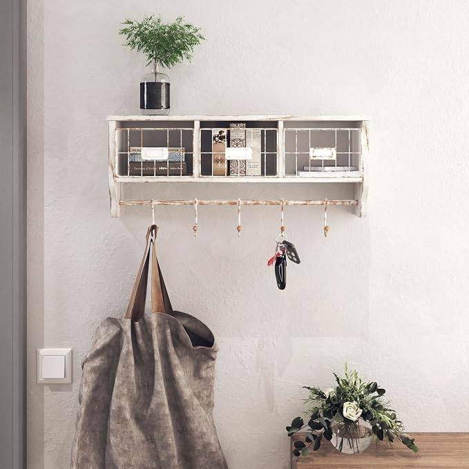 BizChair Wall Mounted Storage Rack - Whitewashed Solid Pine Wood - 24 Inch - Upper Shelf - 5 Hooks - Wire Baskets - For Entryway, Kitchen, Bathroom
