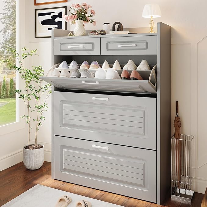 Shoe Cabinet with 3 Large Flip Drawers and 2 Storage Drawers, Narrow Shoe Organizer Cabinet Fits for Kinds of Shoes, Slim Shoe Storage Cabinet for Entryway, Hallway, Light Grey