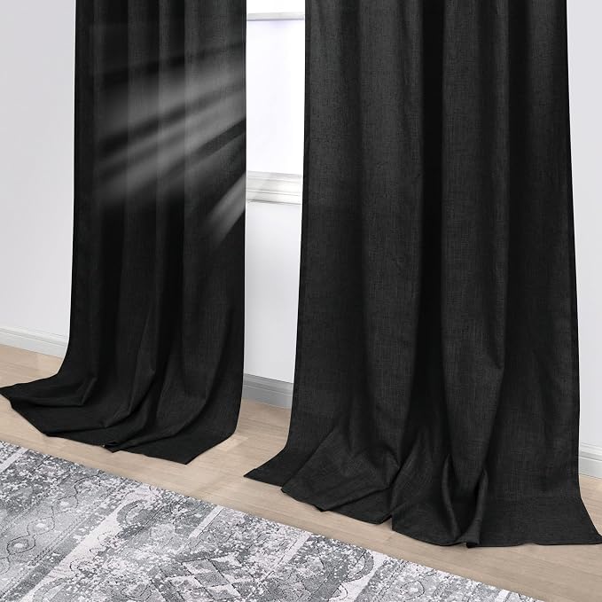 KOUFALL Black Curtains 90 Inches Long for Halloween Living Room,Semi Sheer Linen Gothic Curtains for Bedroom