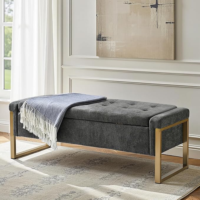 Modern Storage Ottoman Bench with Gold Metal Legs Upholstered Footrest End-of-Bed Bench with Hidden Storage, Hallway and Entryway Charcoal