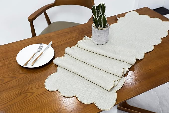 100% Natural Linen Rustic Scalloped Embroidery Table Runner 120 Inches Long, Linen Table Runner 14 x 120 Inch for Dresser and Dining Tables Decor, 10-12 Sets, 14''x120'' Linen(Edges-Gold)