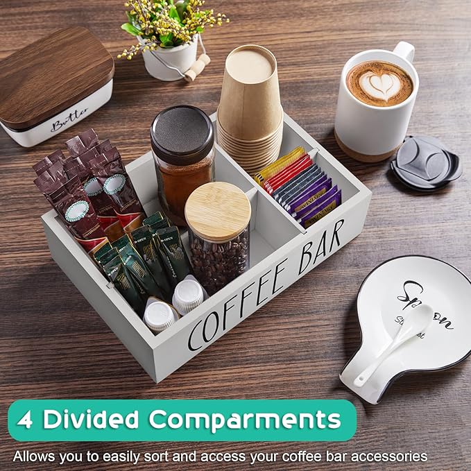 ALELION White Coffee Station Organizer with Removable Dividers – Wooden Coffee Bar Countertop Organizer for Pods, Stirrers, Sugar Packets & Lids, Kitchen, Office, Café Use