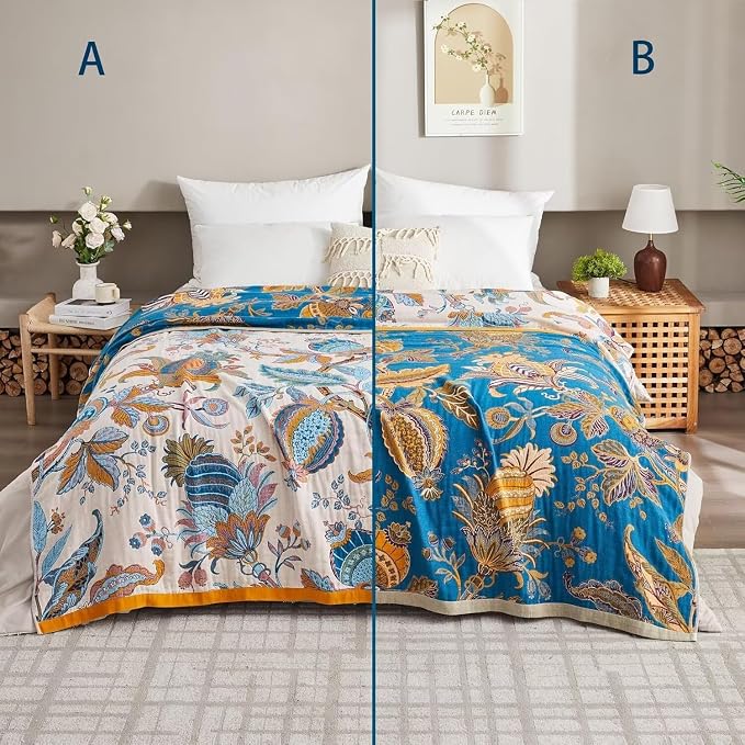 Boho Throw Blanket for Bed 100% Cotton Bohemian Blankets Ultra Soft Woven Muslin Decorative Blankets All Seasons Vintage Quilt Knitted Blanket for Sofa Chair(Beige, 50"x60")