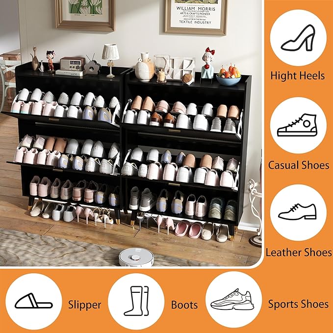 Shoe Cabinet Storage for Entryway: 65" Black Narrow Shoe Organizer Cabinet with 4 Flip Drawers, Modern Hidden Shoes Rack for Front Door Entrance (Black, 4 Drawers)