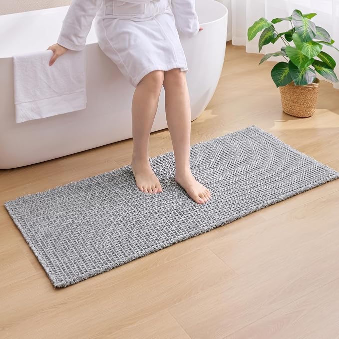 ILANGO Upgraded Waffle Bathroom Rugs,Super Absorbent Boho Non Slip Runner Bathroom Mats Quick Dry,Ultra Soft Machine Washable Mat with Tassels for Hallway,24x48,Dark Grey