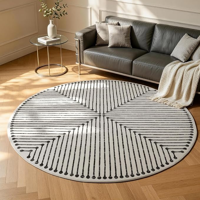 YIHOUSE Modern Washable 6ft Round Rug for Living Room, Black and White 6x6 Circle Rugs for Bedroom Non Slip Non Skid, Striped Carpet for Dining Room Playroom Home Office Decor