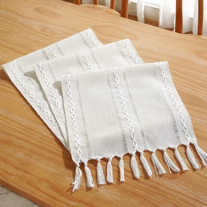 Rustic Farmhouse Style Linen Table Runner, Boho Handmade Tassel Embroidered Table Runners 60 Inches Long for Holiday Party, Wedding and Dining Decorations, 13 inchW X 60 inchL - Ivory