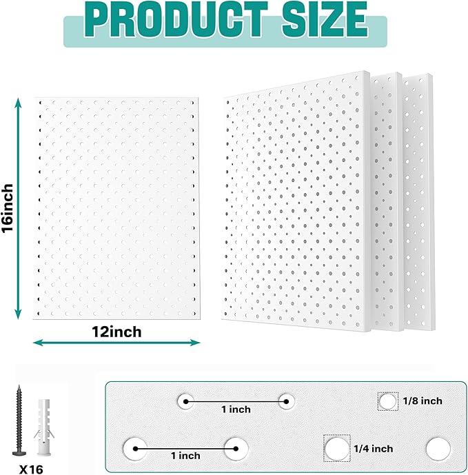 EVERHANGER Metal Pegboard Panels, Heavy Duty Pegboard Wall Organizer, Garage Wall Panels, Tool Storage Organization, 12"X16", 4pcs, White