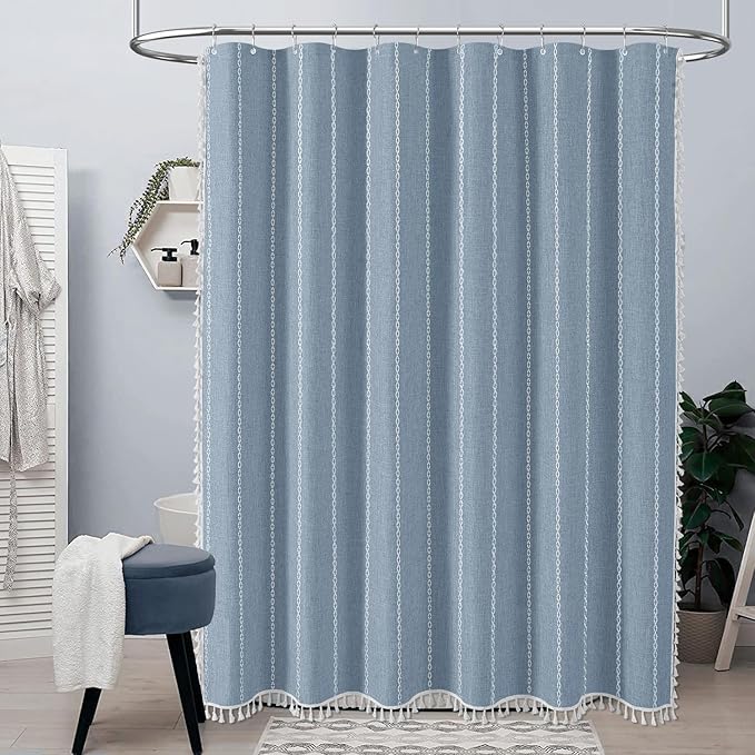 BTTN Stall Shower Curtain - 60x72 Narrow Boho Farmhouse Linen Vintage Striped Fabric Shower Curtain Set with 10 Hooks, Bohemian Cottage Decorative Heavy Duty Cloth Shower Curtains for Bathroom - Blue