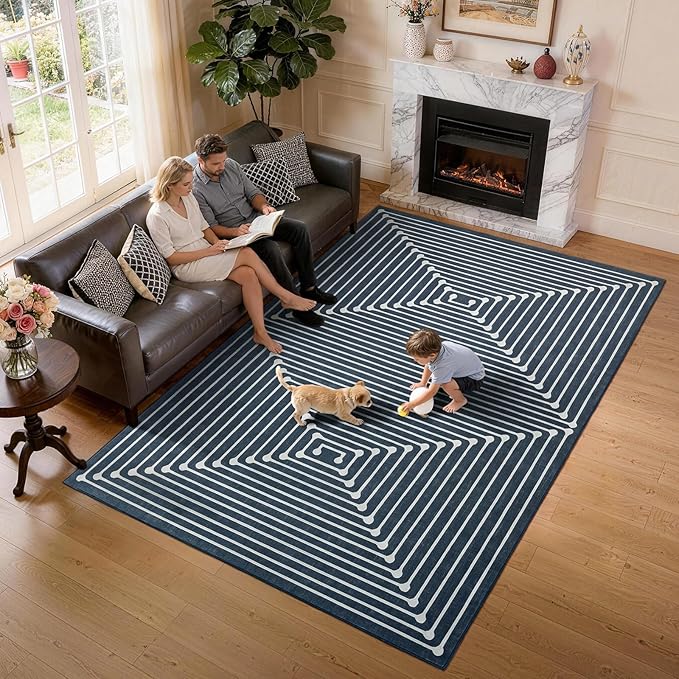 YIHOUSE Washable 8x10 Area Rugs for Living Room, Dark Blue Striped Rug for Bedroom Non Slip Low Pile, Large Modern Geometric Carpet for Playroom Dining Room Home Office Decor